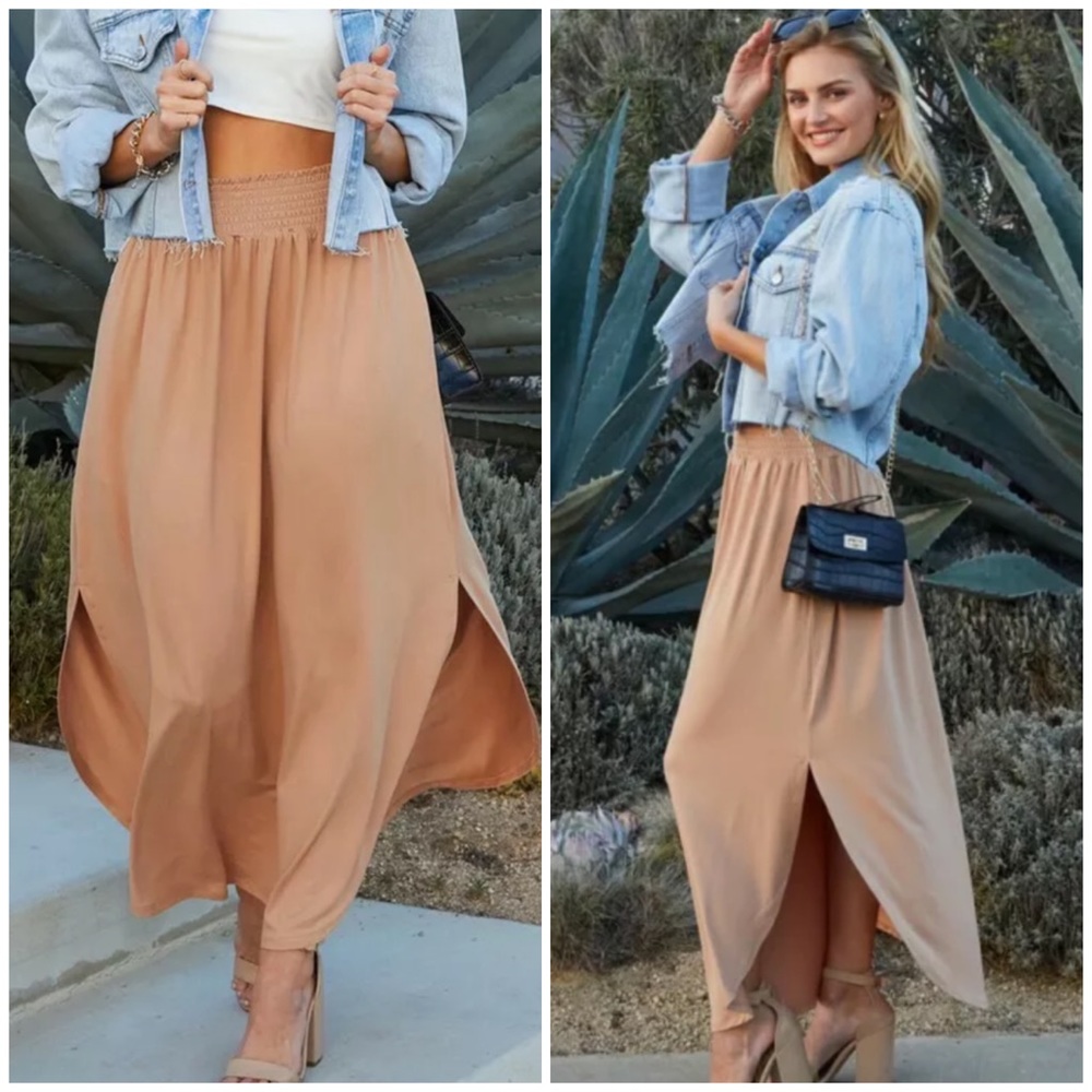SOLD OUT Camel Smocked Waist Side Slit Pocket Maxi Skirt - Picture 1 of 6